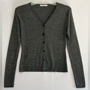 ⁠Y2K Charcoal Marled V-Neck Cardigan | Downtown Girl Minimalist Knit Sweater⁠